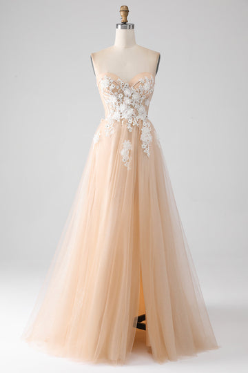 A-Line Champagne senza spalline Corsetto vestito da ballo con applicazioni